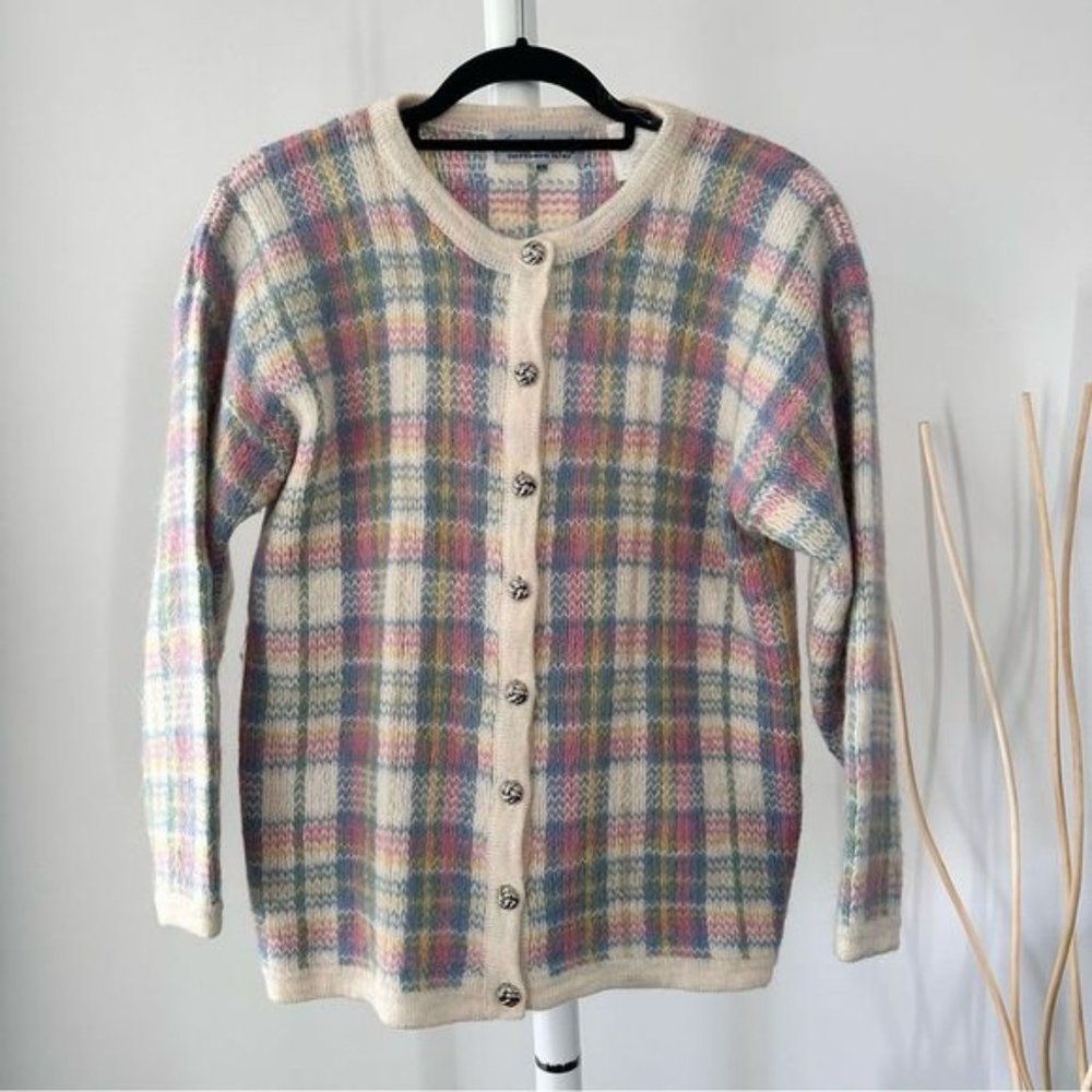 Vintage Northern Isles Pastel Plaid Mohair Blend Cardigan Sweater Sz Medium